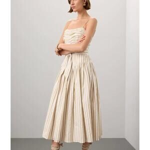 Toccin Brown Stripe Fit and Flare Midi Dress Size 12 Cotton Ruched Designer $475